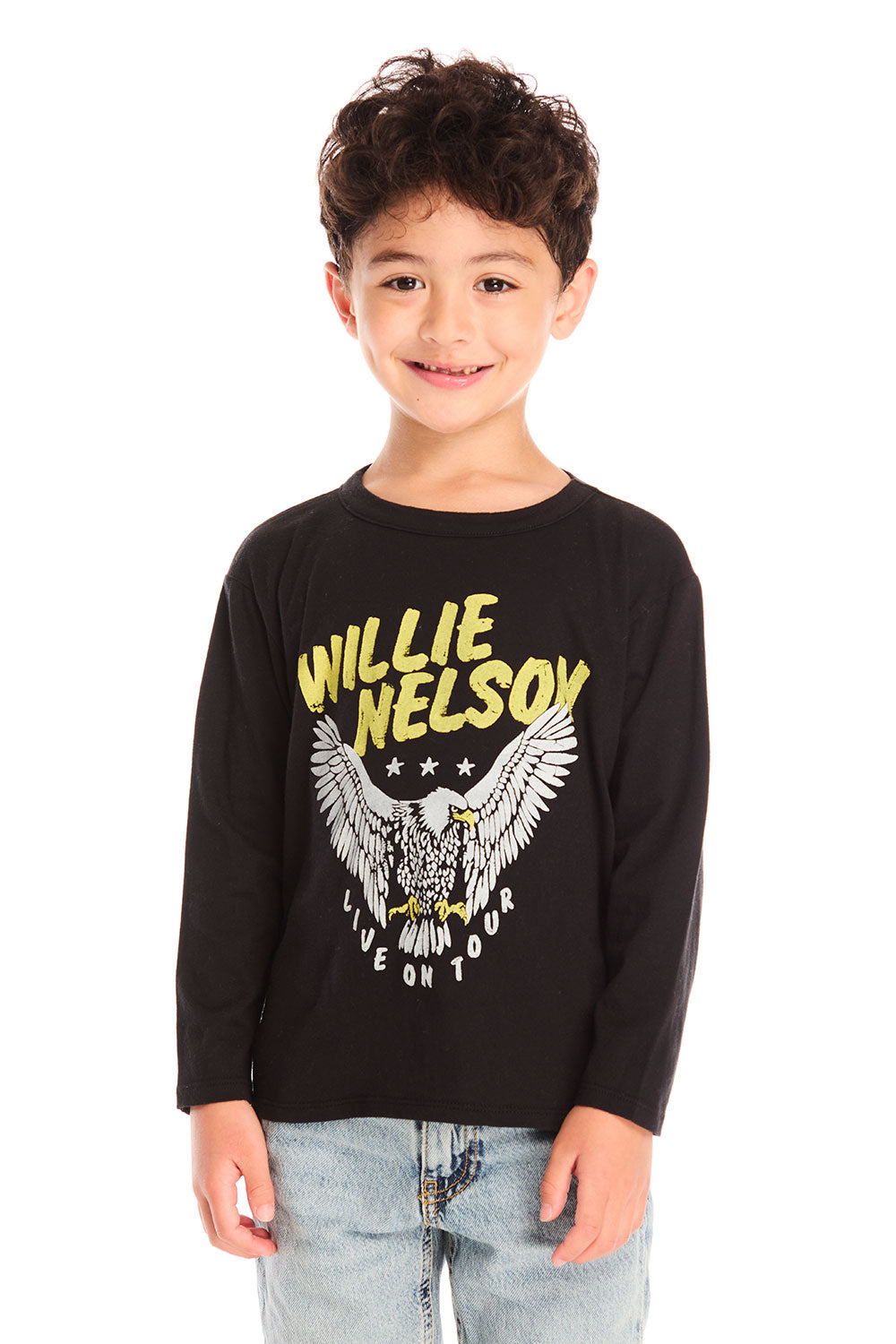 Boy wearing Chaser’s Willie Nelson Willie 1978 black long sleeve with ‘Willie Nelson’ and eagle graphic design on a white background