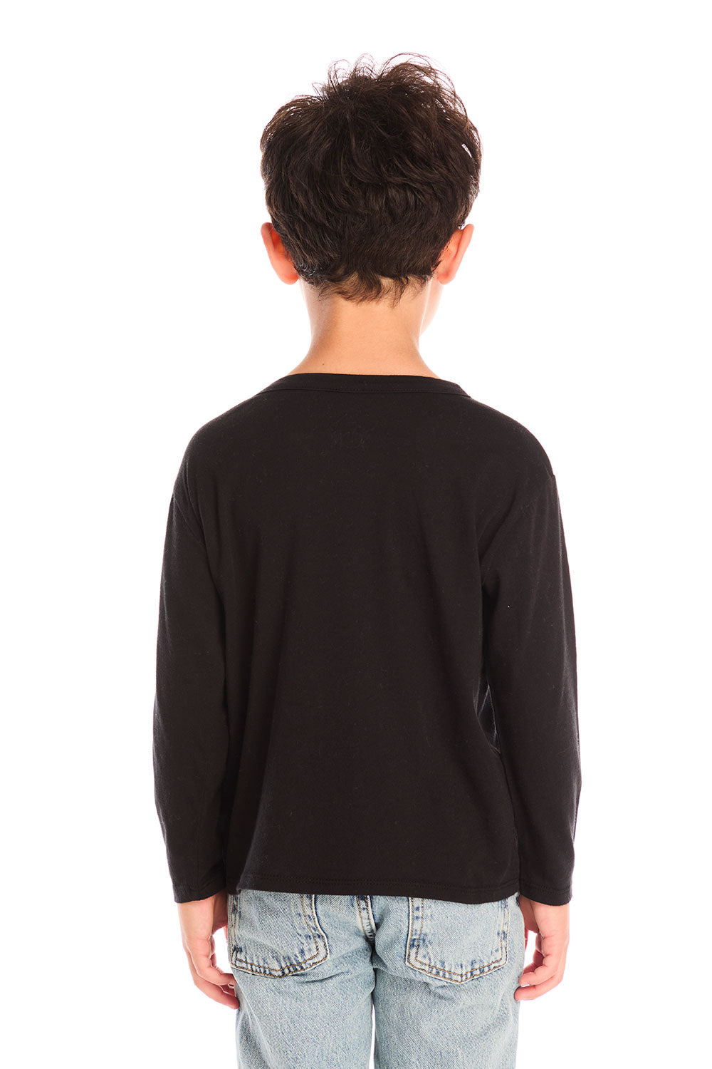 Back view of boy wearing Chaser’s Willie Nelson Willie 1978 black long sleeve shirt on a white background