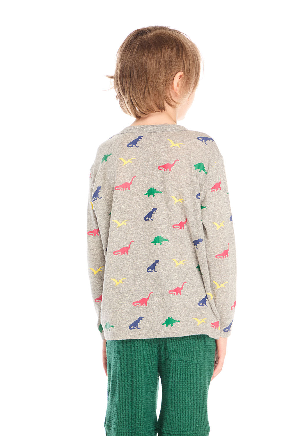 Back view of boy wearing Chaser’s Multi Dinos grey long sleeve top with colorful dinosaur patterns against a white background