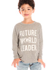  Boy wearing Chaser’s Future World Leader gray long sleeve top with “Future World Leader” text on a white background