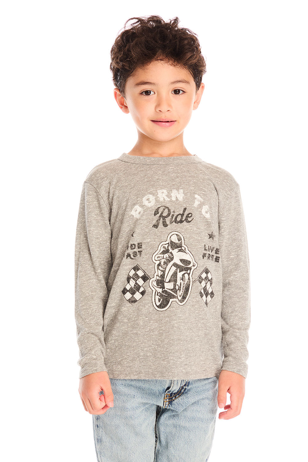 Front view of boy wearing Chaser’s Off To The Races grey long sleeve top with motorcycle and race flag graphic and “Born to Ride” text against a white background