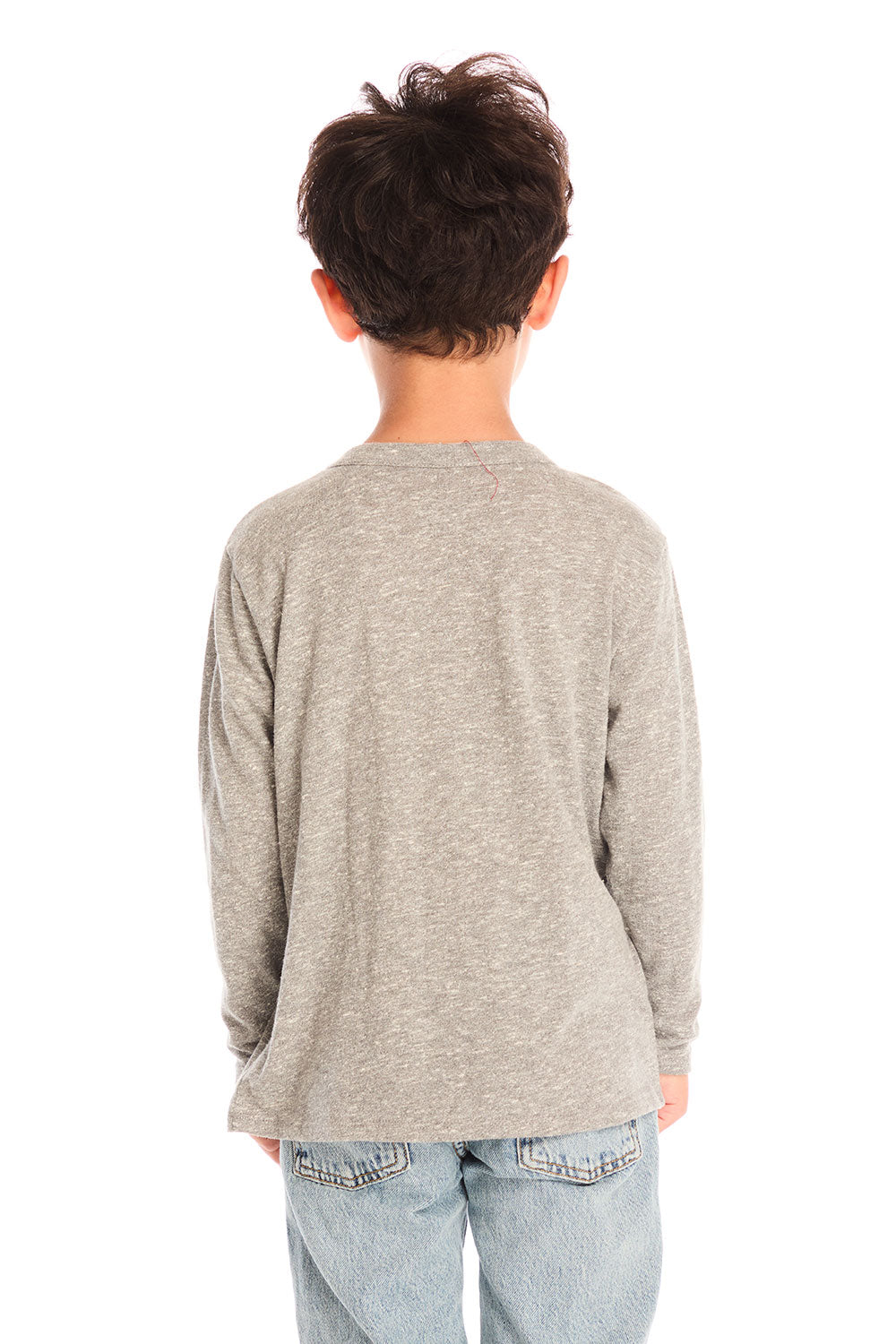 Back view of boy wearing Chaser’s Off To The Races grey long sleeve top against a white background