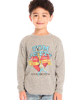 Boy wearing Chaser’s Tom Petty Live On Tour gray long-sleeve top with a broken heart and guitar graphic design and light blue jeans on a white background