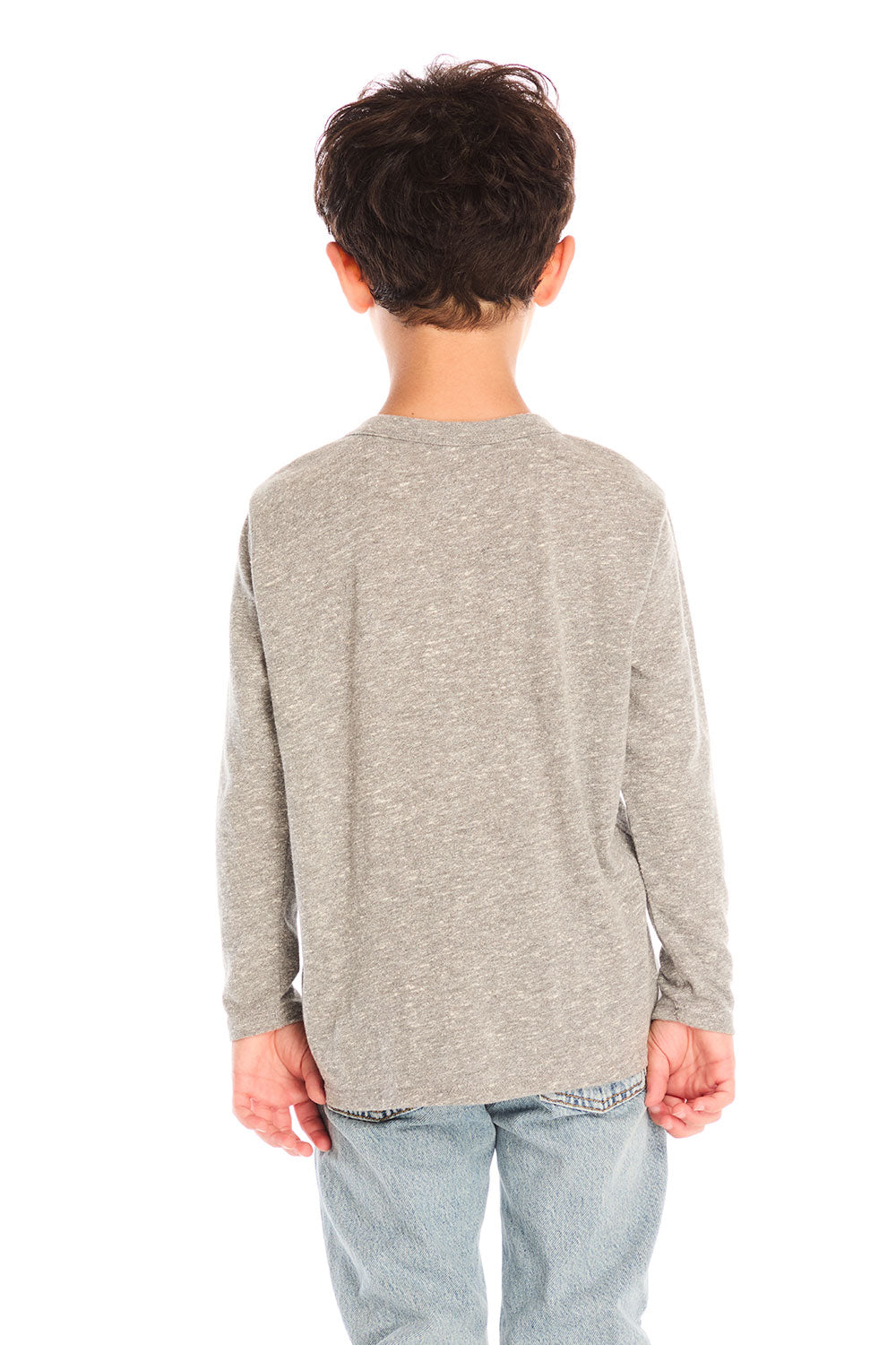 Back view of boy wearing Chaser’s Tom Petty Live On Tour gray long-sleeve top and light blue jeans on a white background