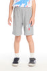 Front view of Chaser Kids Bolt Star Smiley Shorts in Heather Grey with bold lightning bolt, star, and smiley face graphics