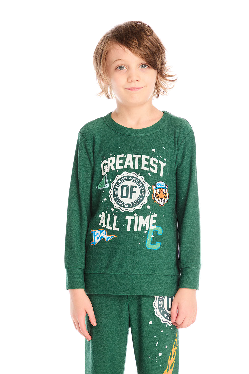 Boy wearing Chaser’s Greatest Of All Time everest green long sleeve top with “Greatest of All Time” text on a white background