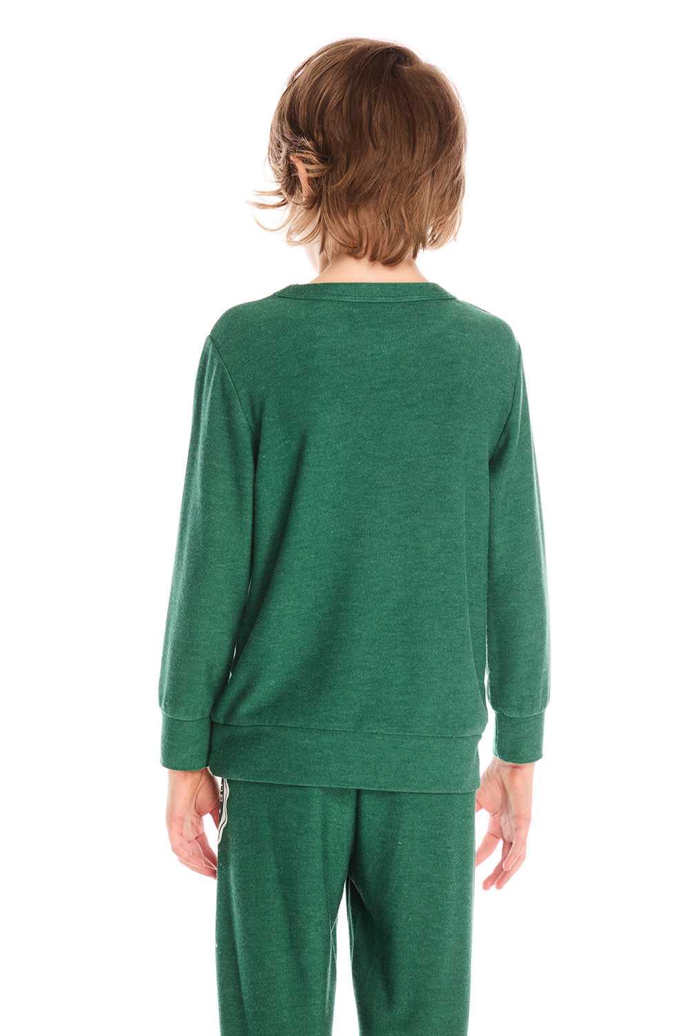Back view of boy wearing Chaser’s Greatest Of All Time Everest Green long sleeve top in solid green on a white background