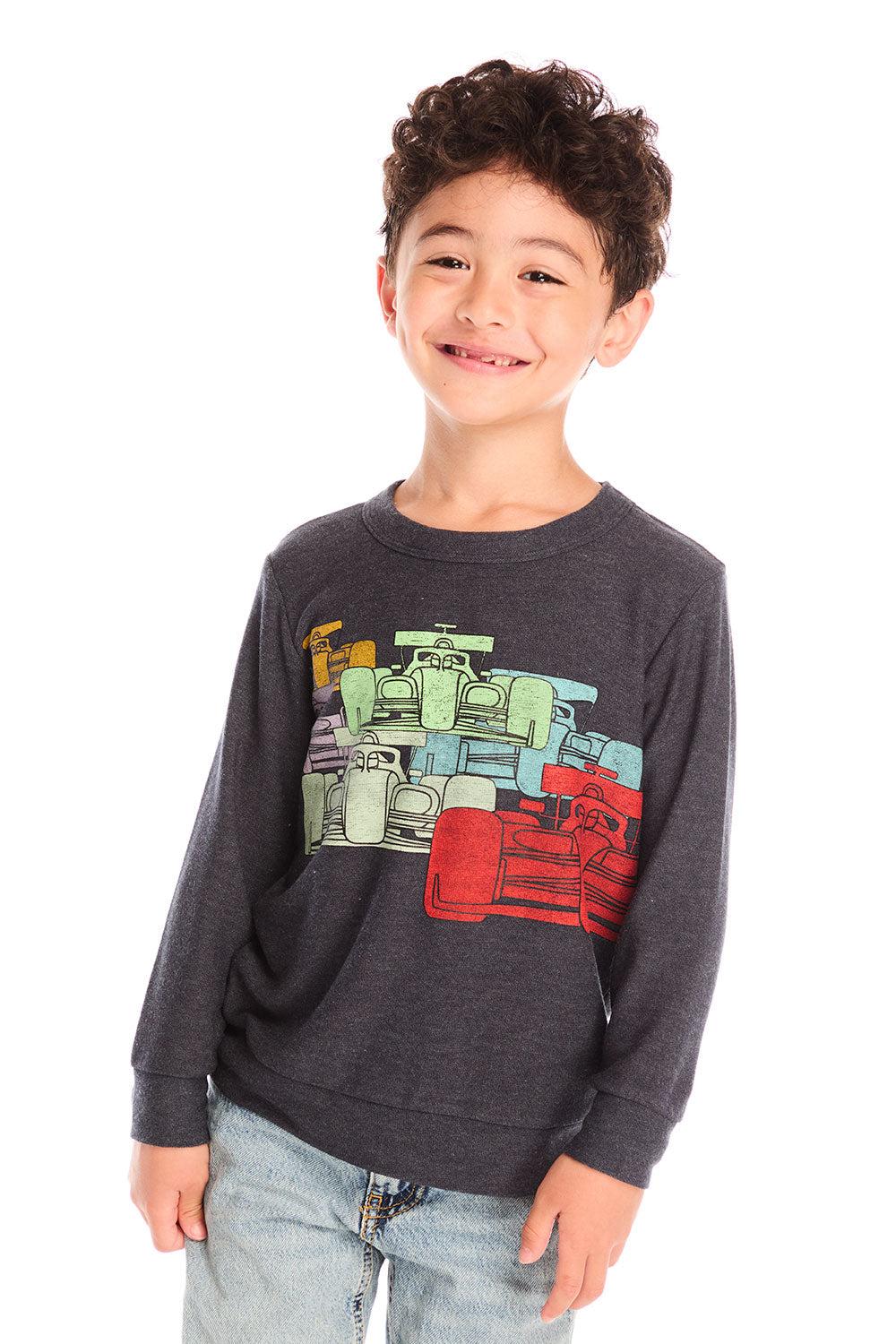 Boy wearing Chaser's Allover Racing dark gray sweatshirt with colorful graphic design on a white background