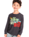Boy wearing Chaser's Allover Racing dark gray sweatshirt with colorful graphic design on a white background