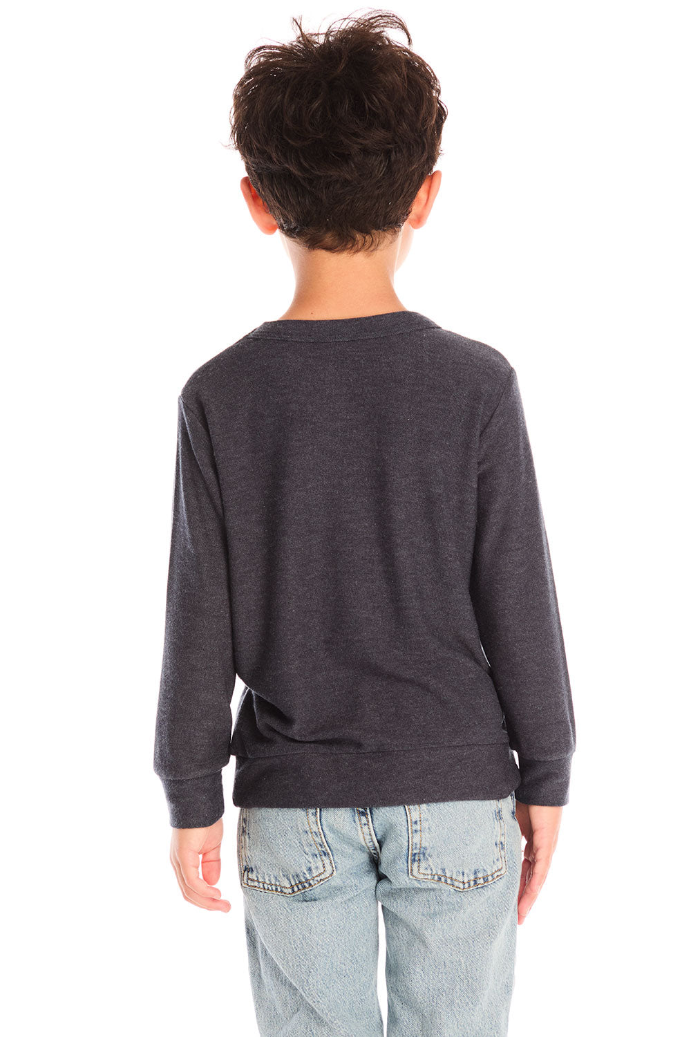 Back biew of boy wearing Chaser's Allover Racing dark gray sweatshirt on a white background