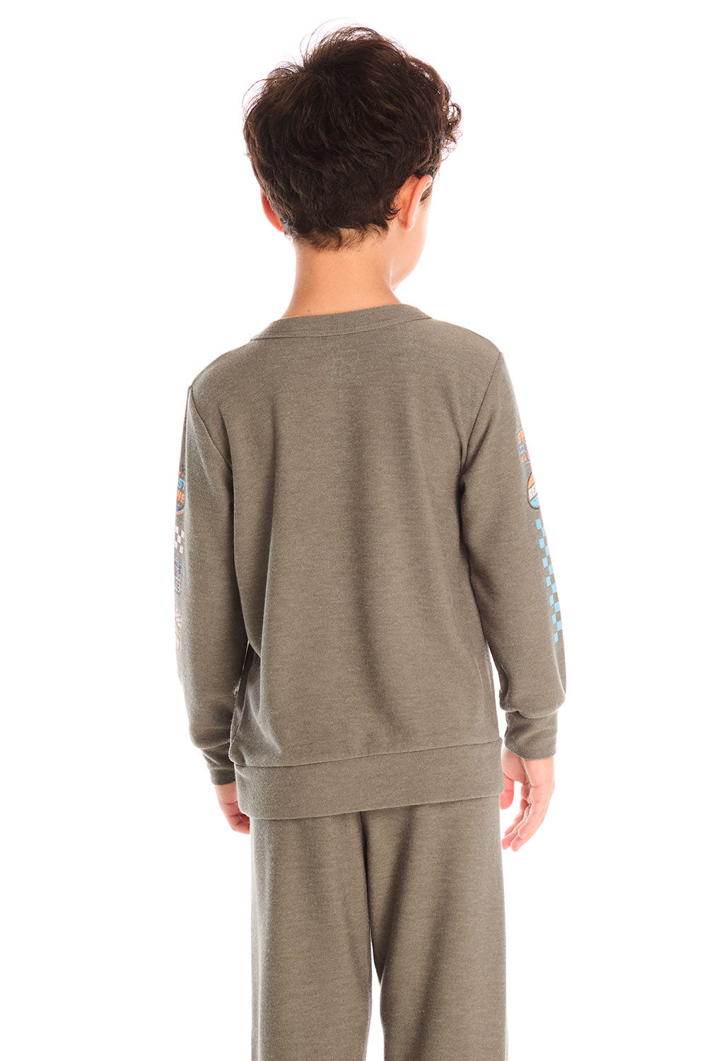  Back view of boy wearing Chaser’s Safari Green Champions Racing Team long sleeve top with matching pants on a white background