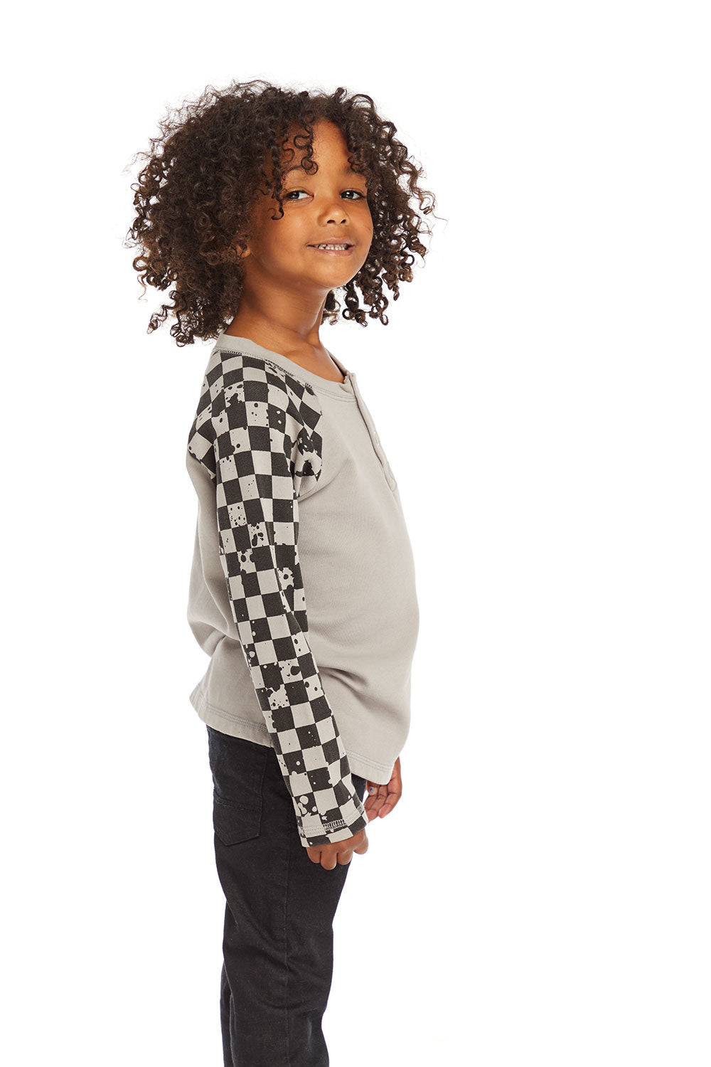 Long Sleeve Splatter Checker Raglan Button Up Henley BOYS chaserbrand