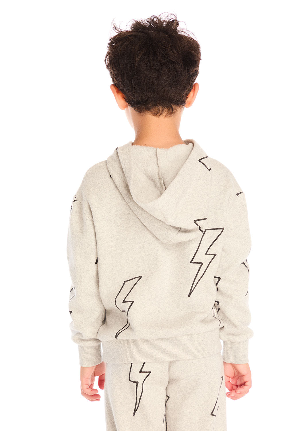Back view of boy wearing Chaser’s Blocked Checkered Bolts light gray hoodie with checkered pattern and lightning bolt designs on a white background