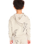 Back view of boy wearing Chaser’s Blocked Checkered Bolts light gray hoodie with checkered pattern and lightning bolt designs on a white background