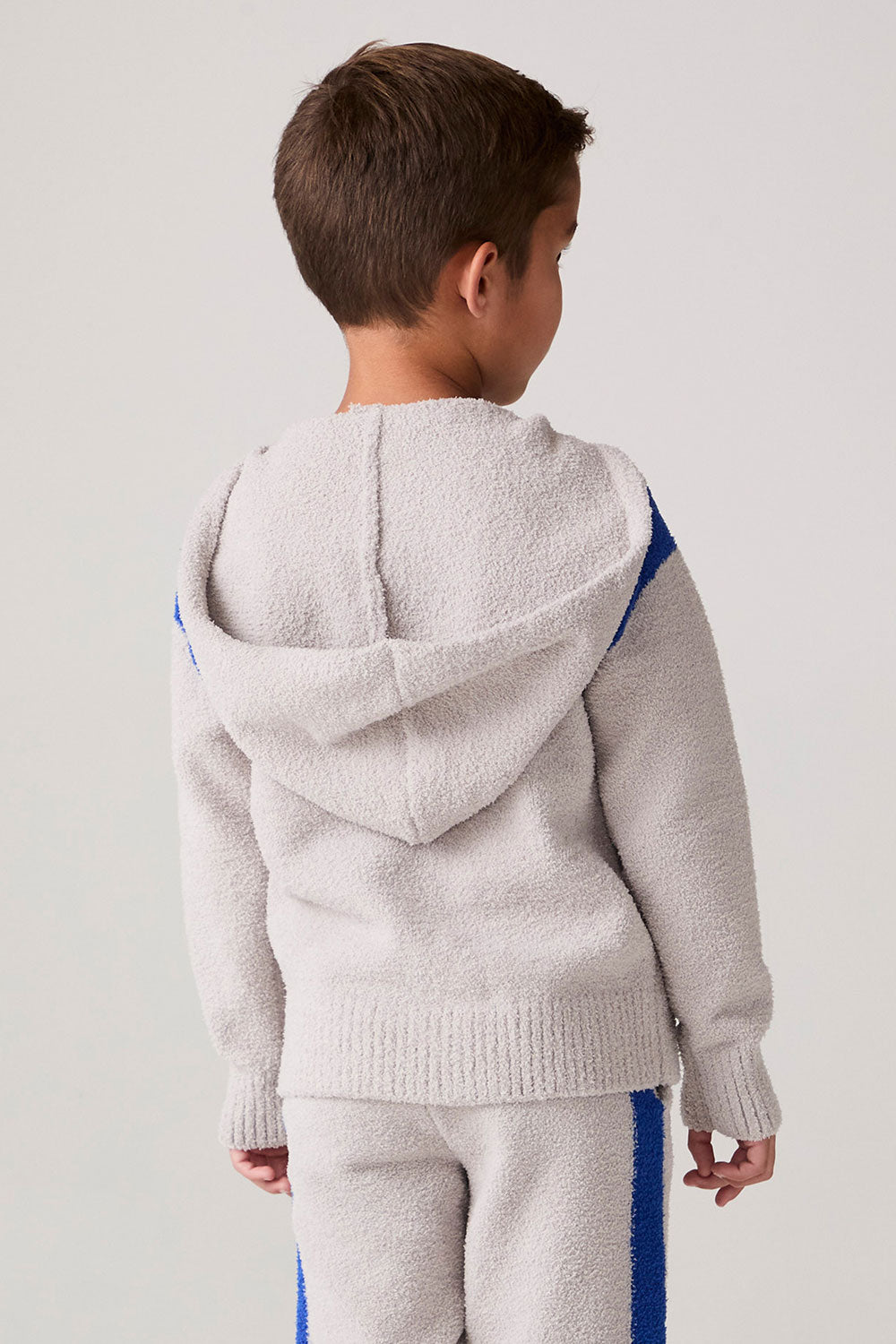 Model wearing Chaser's Sporty Colorblock Boys Zip-Up Hoodie in heather grey with colorblock detailing, back view