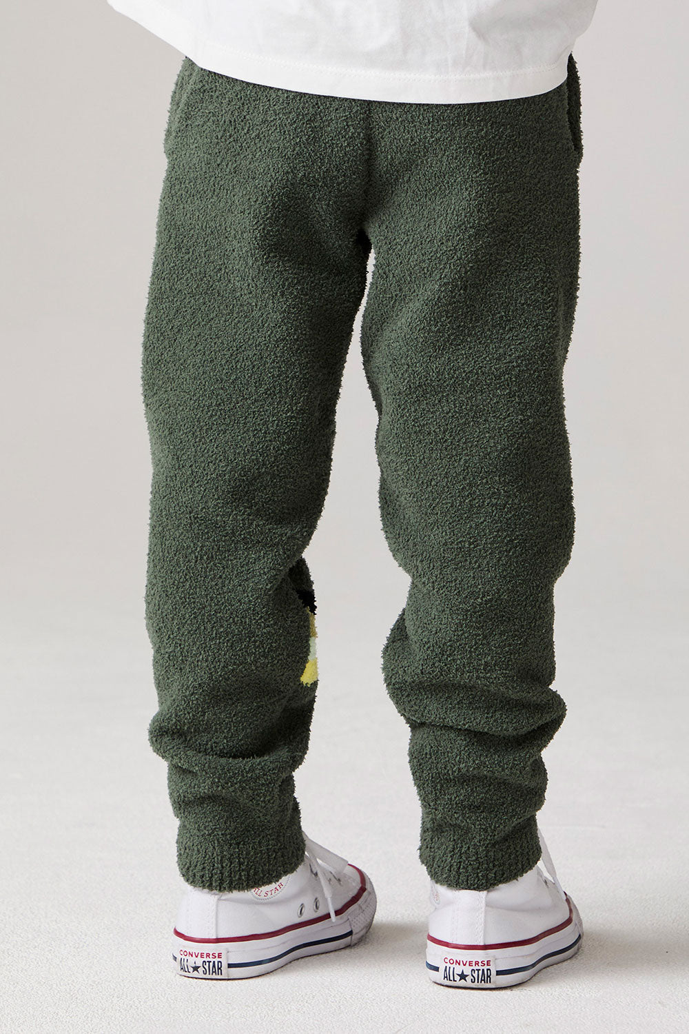 Model wearing Chaser's Lime Stripe Boys Lounge Pants in leafy green with striped detailing, back view
