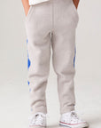 Model wearing Chaser's Sporty Colorblock Boys Lounge Pants in heather grey with colorblock detailing, front view