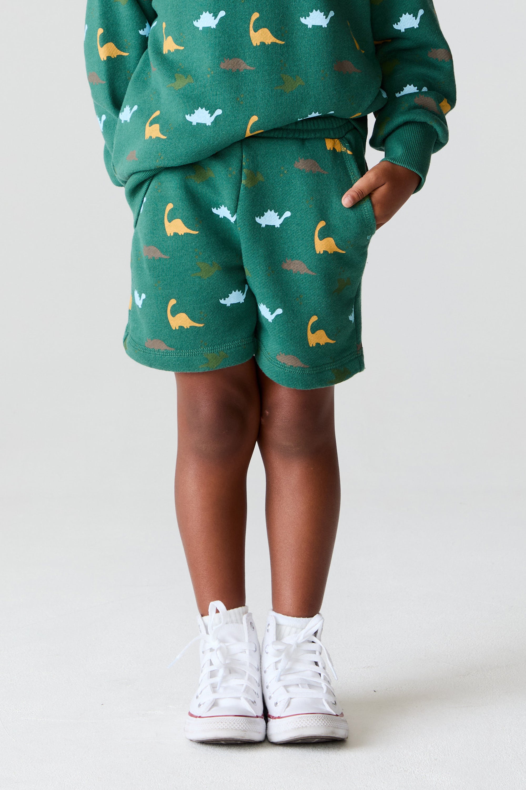 Closeup of a boy wearing Chaser Kids Dino Party Boys Shorts in green against a plain background