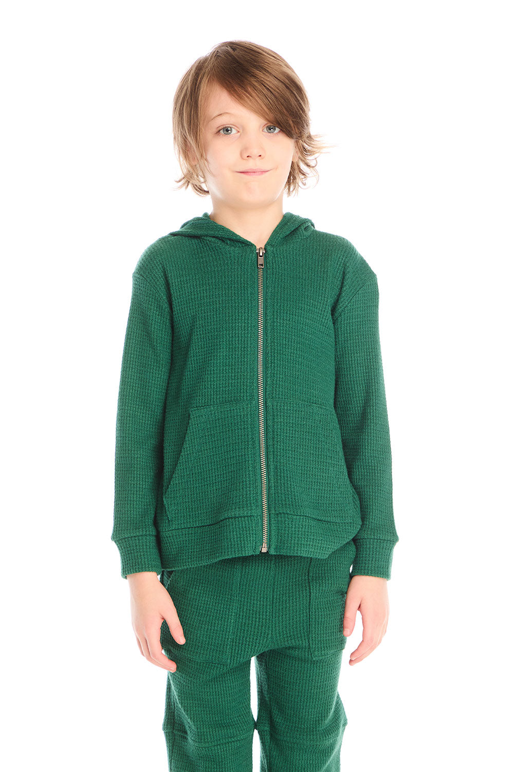 Front view of boy wearing Chaser’s Everest Green Zip Up Hoodie with relaxed fit on a white background