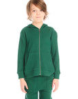 Front view of boy wearing Chaser’s Everest Green Zip Up Hoodie with relaxed fit on a white background