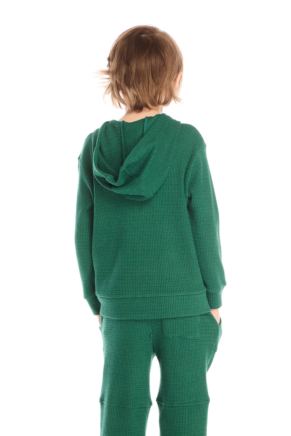  Back view of boy wearing Chaser’s Everest Green Zip Up Hoodie with hood on a white background