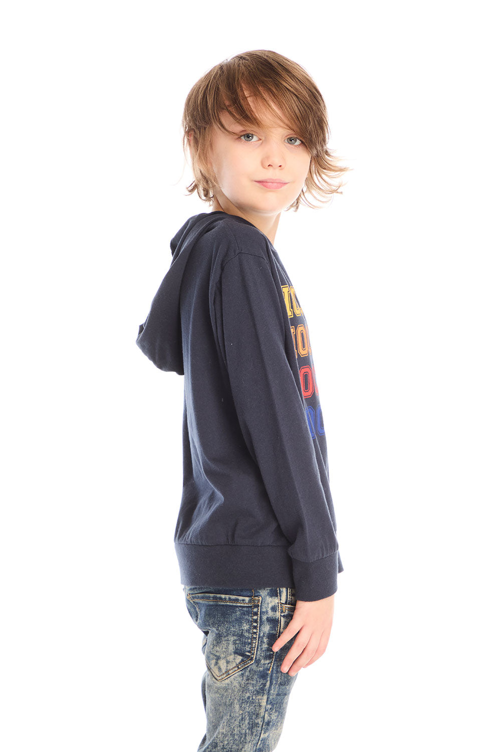 Side view of boy wearing Chaser’s Hockey navy blue pullover hoodie with ‘Hockey’ text detail against a white background