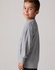 Model wearing Chaser's Santa Claws Boys Pullover in heather grey with Santa-hat dinosaur graphic, side view