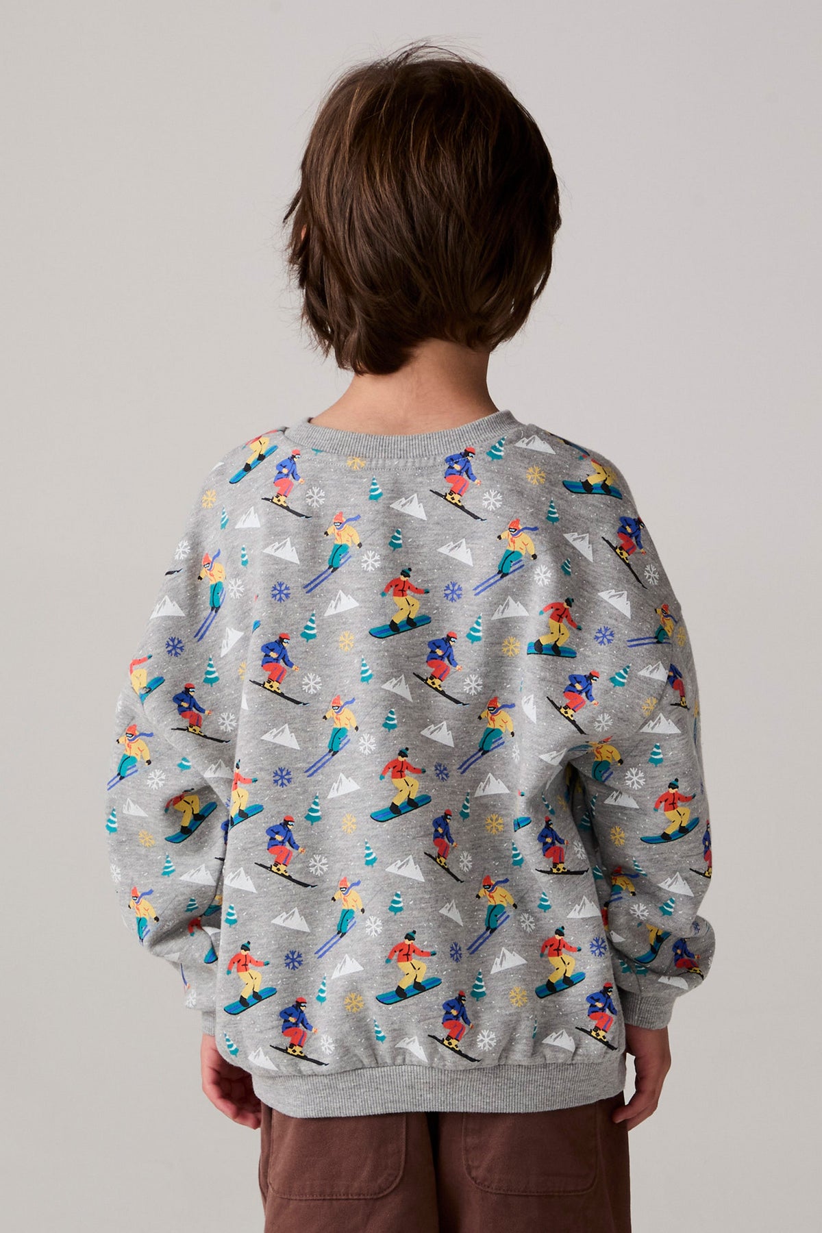 Model wearing Chaser's Dolomiti Boys Pullover in heather grey with distinctive graphic and design details, back view
