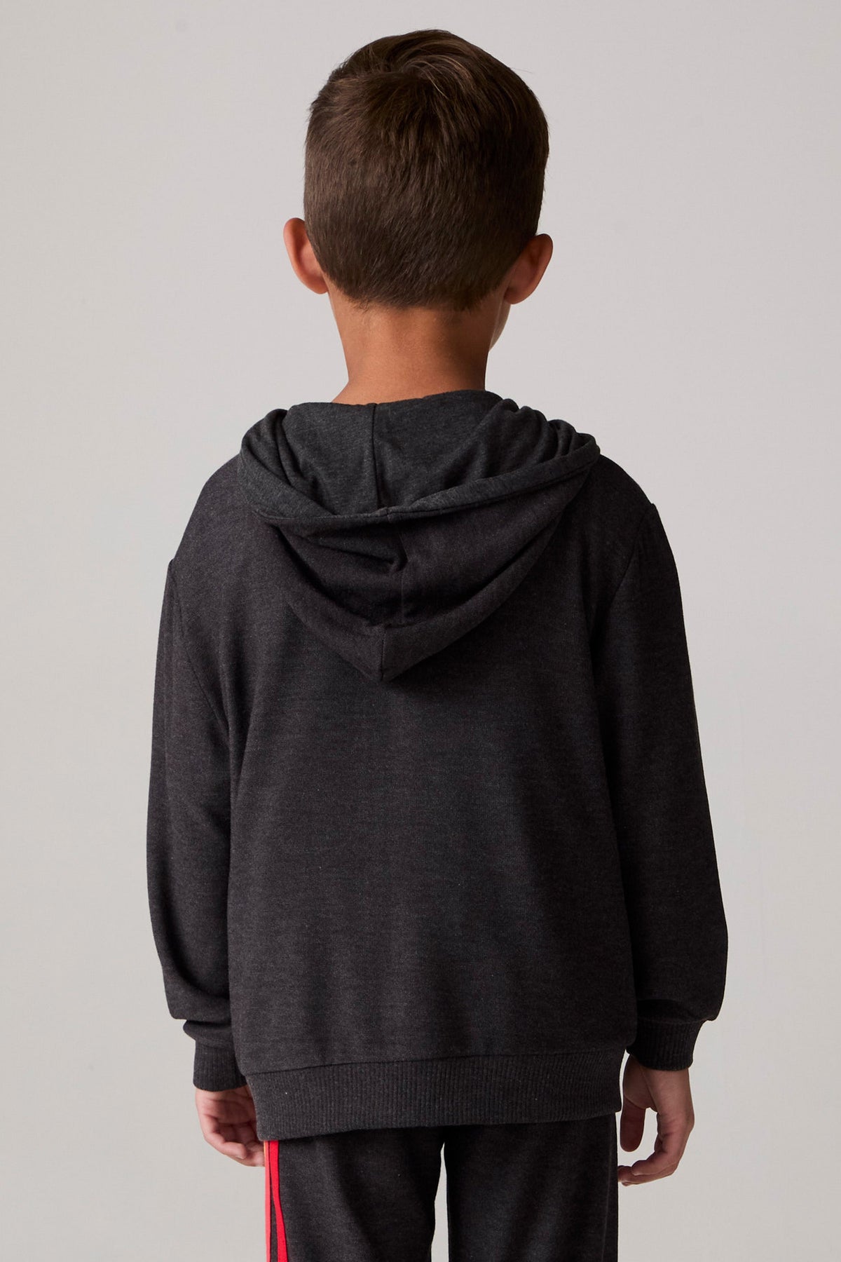 Model wearing Chaser's Vintage Black Stripe Boys Zip-Up Hoodie in Black with striped detailing, back view