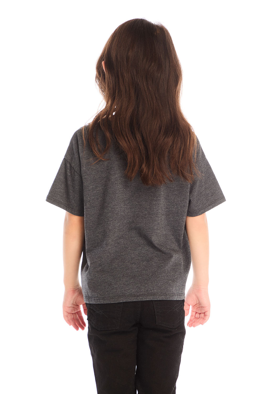 Back view of young girl wearing Chaser’s Best Sister black tee on a white background