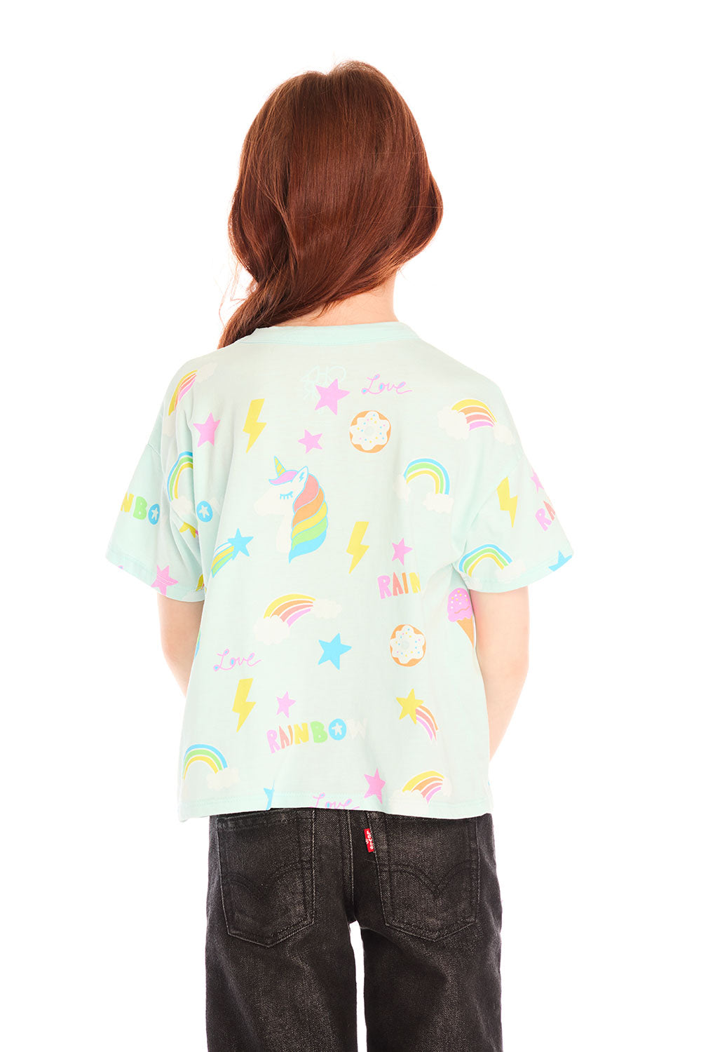 Back view of girl wearing Chaser’s light green Unicorn Hearts Tee on a white background