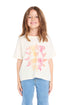 Child wearing the Chaser Kids Woodstock Peace Love Music Poster Tee in Starry White featuring a colorful retro graphic and relaxed fit