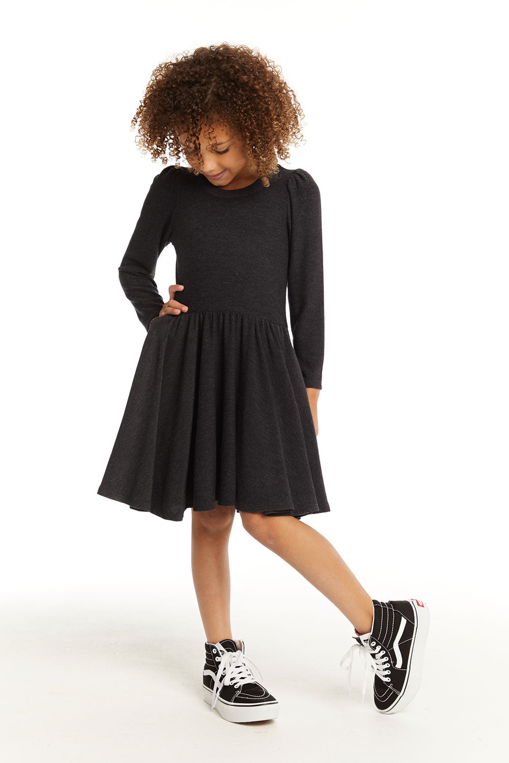 Puff Black Licorice Long Sleeve Dress with Twirl Skirt GIRLS chaserbrand