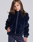 Chaser Kids Avalon Girls Puff-Sleeve Jacket in navy plush fabric with a front zipper, front view against a light gray studio background