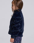 Chaser Kids Avalon Girls Puff-Sleeve Jacket in navy plush fabric, side view against a light gray studio background