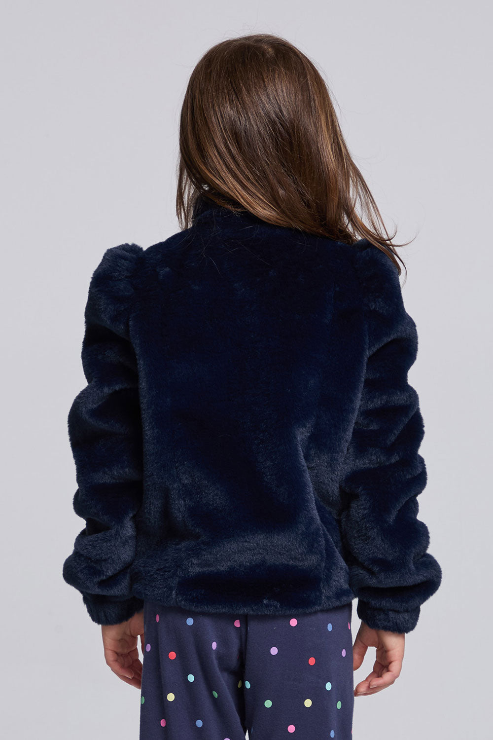Chaser Kids Avalon Girls Puff-Sleeve Jacket in navy plush fabric, rear view against a light gray studio background