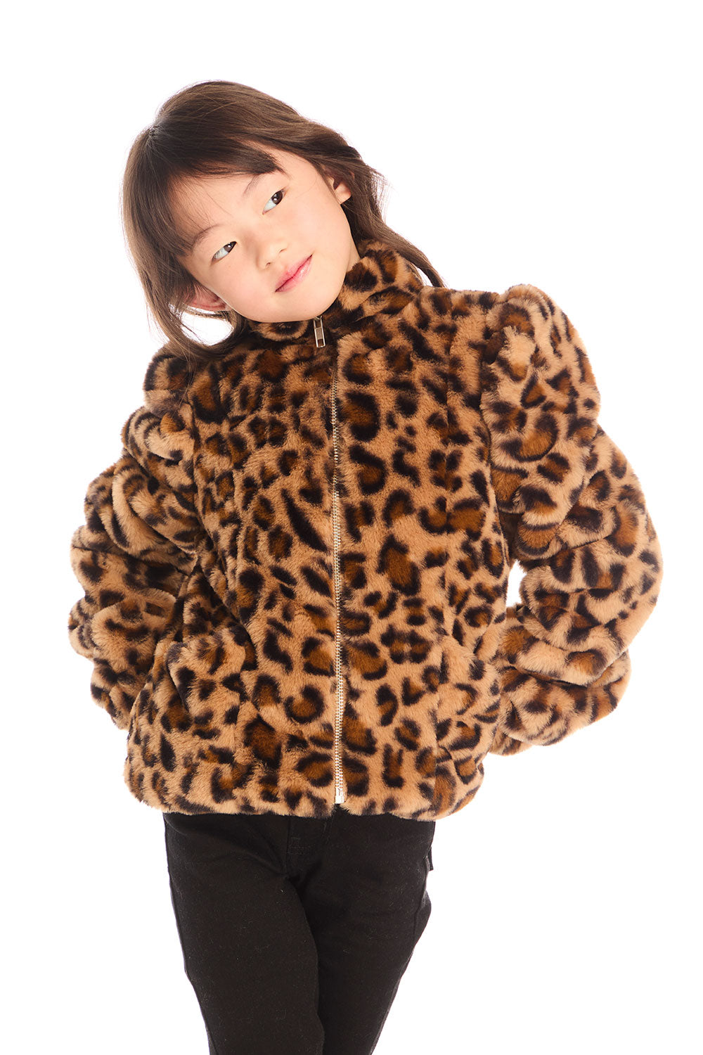 Girl wearing Chaser’s Puff Sleeve Leopard Love Jacket on a white background