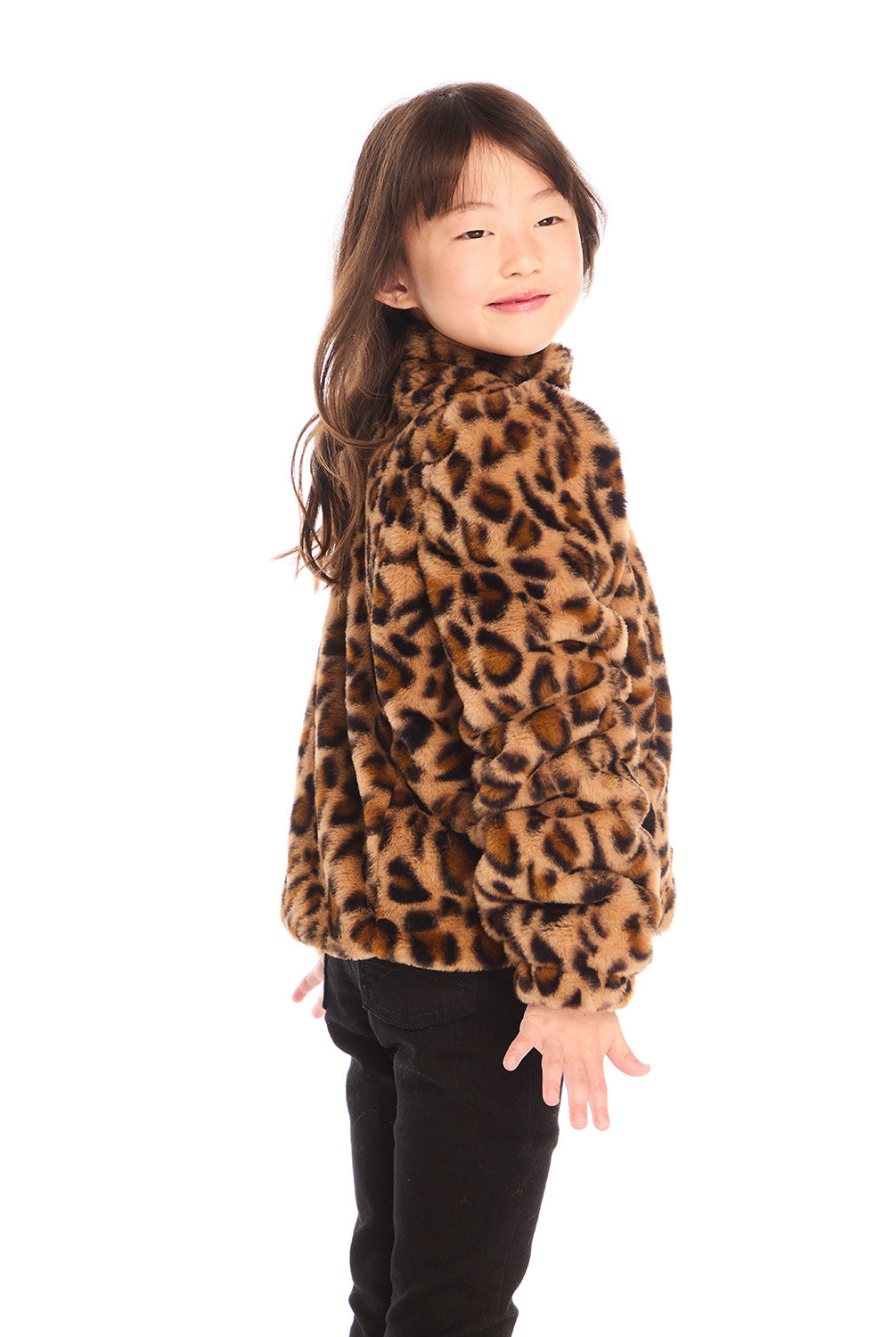 Side view of girl wearing Chaser’s Puff Sleeve Leopard Love Jacket on a white background