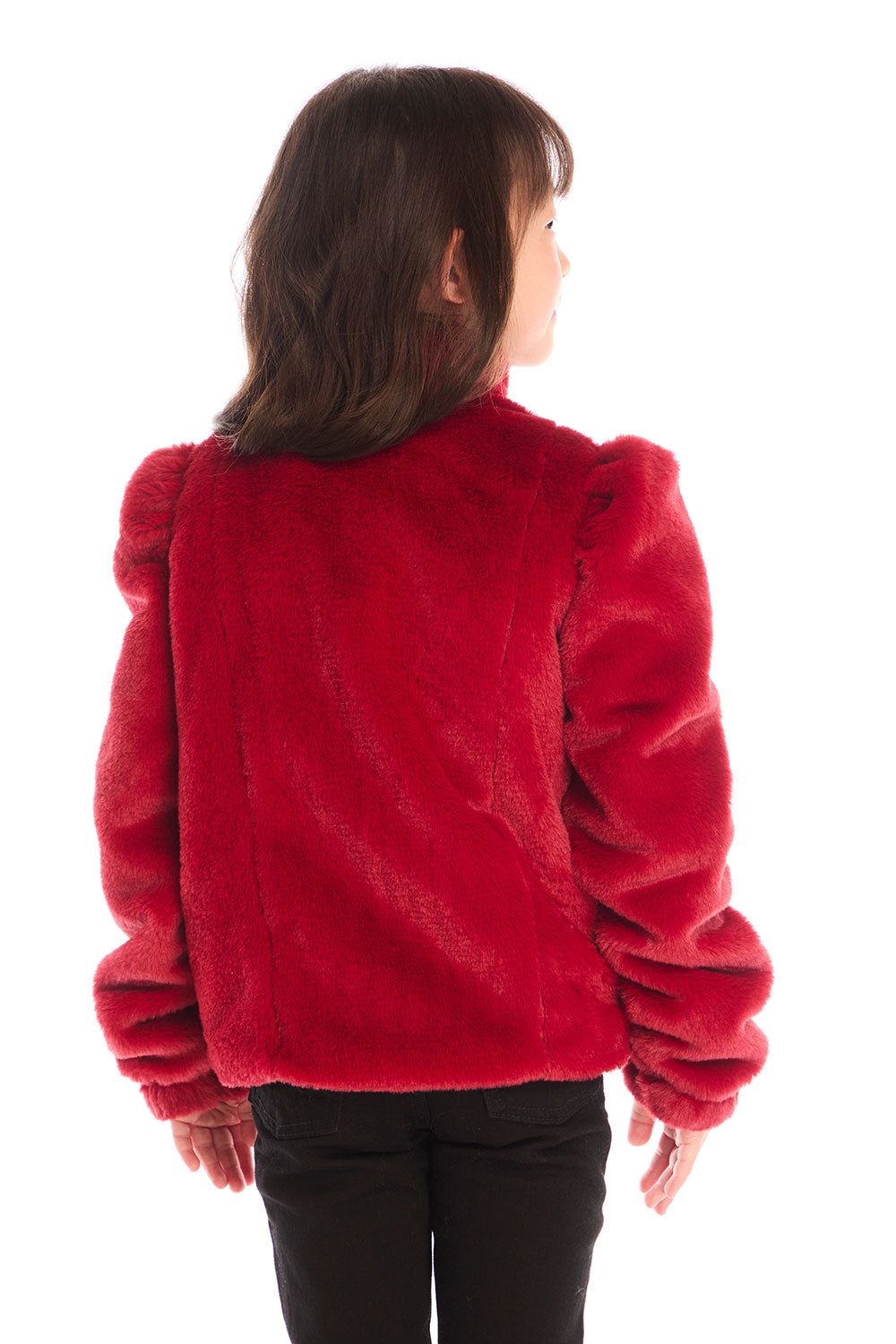 Back view of girl wearing Chaser’s Puff Sleeve Rouge Jacket on a white background