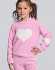 Chaser Kids Holiday Hug Girls Hoodie in pink with white hearts, front view on a model against a light gray studio background