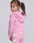 Chaser Kids Holiday Hug Girls Hoodie in pink with the hood down, rear view on a model against a light gray studio background