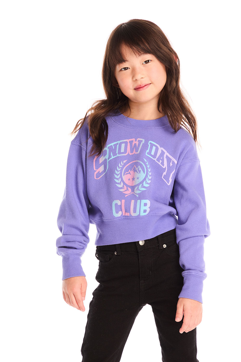 Girl wearing Chaser’s purple Snow Day Athletic Club long sleeve with text and graphics on a white background