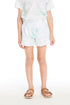 Chaser Kids Aloe Tie Dye Grotto Shorts in aloe green and white tie-dye with ruffled hem and drawstring waist on a white background