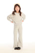 Full body view of girl wearing Chaser’s Danni Heather Grey Pullover with matching Tara Leggings on a white background
