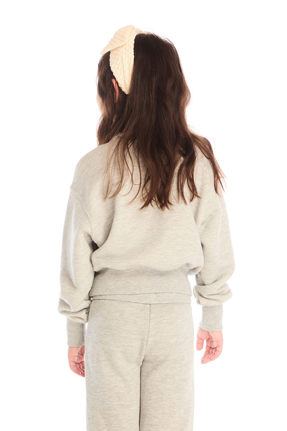 Back view of girl wearing Chaser’s Danni Heather Grey Pullover with matching Tara Leggings on a white background