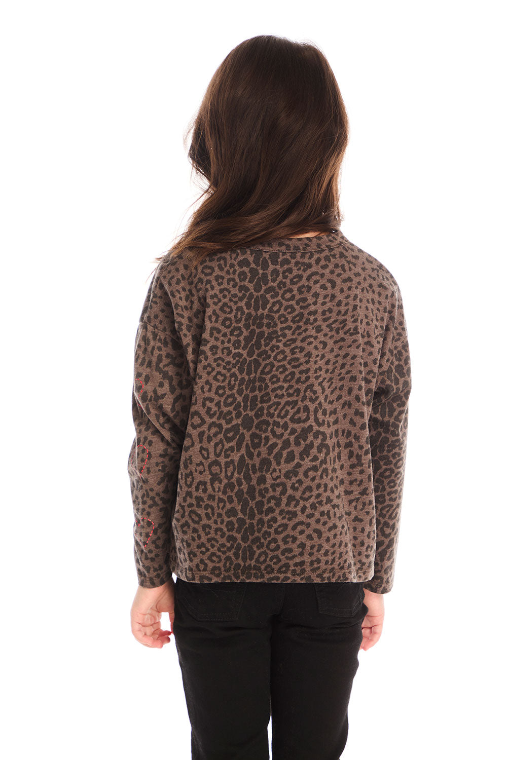 Back view of girl wearing Chaser’s Blondie Leopard & Hearts print pullover top on a white background