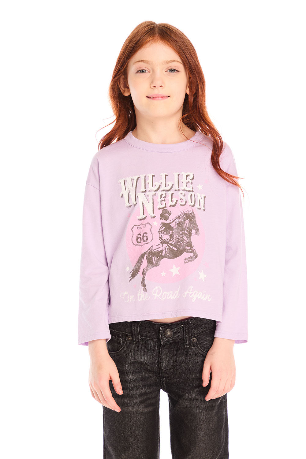 Girl wearing Chaser’s pink Willie Nelson Lady Luck Tee with text and graphics on a white background