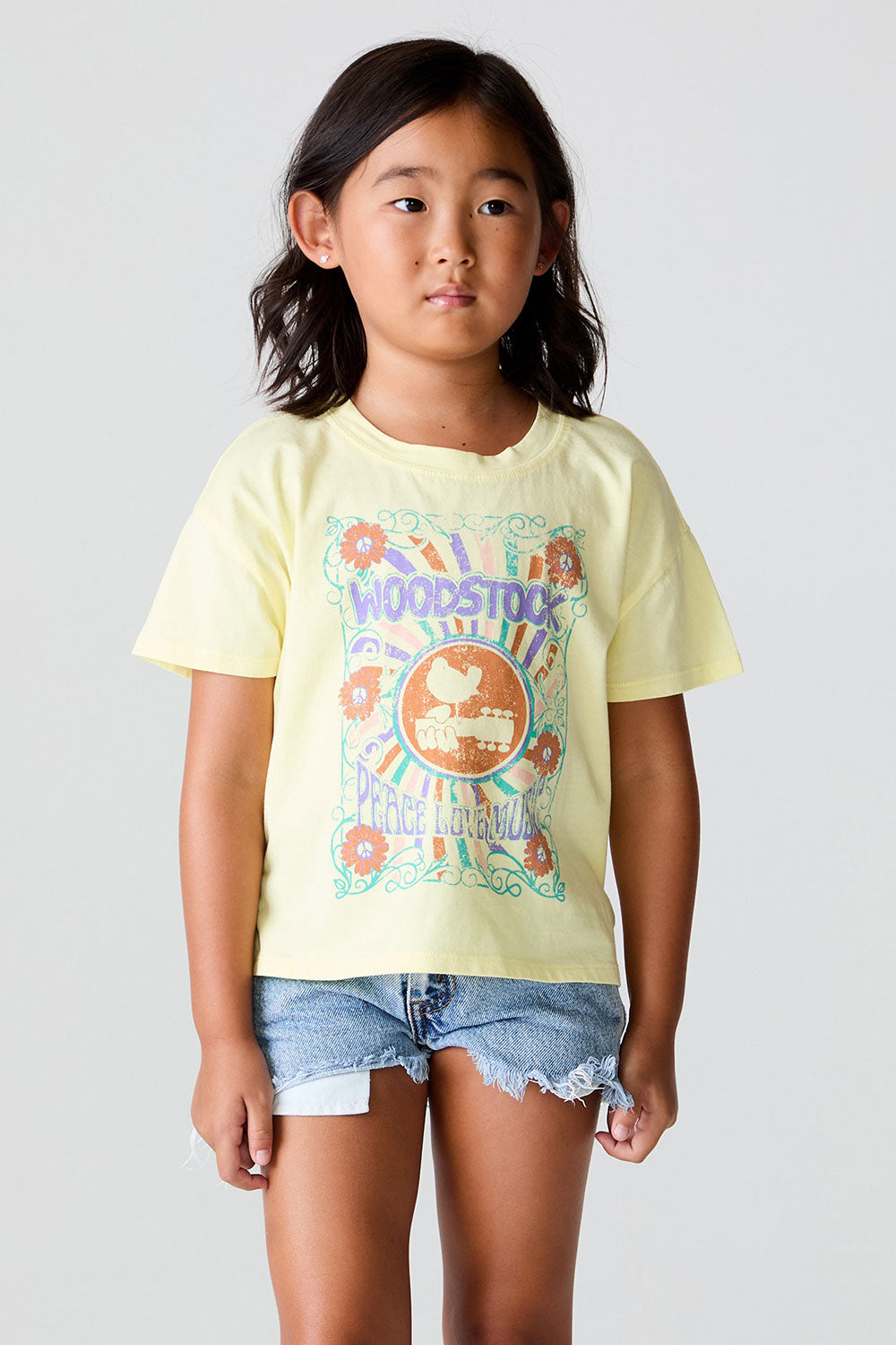 Girls Woodstock Band Peace Love Music Tee chaserbrand