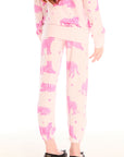 Back view of girl wearing Chaser’s Celestial Tigers Sweatpant with pink animal pattern on a white background