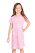 Girl wearing the Chaser Kids Mermaid Shells Shirt Dress in pink featuring an allover mermaid and seashell print